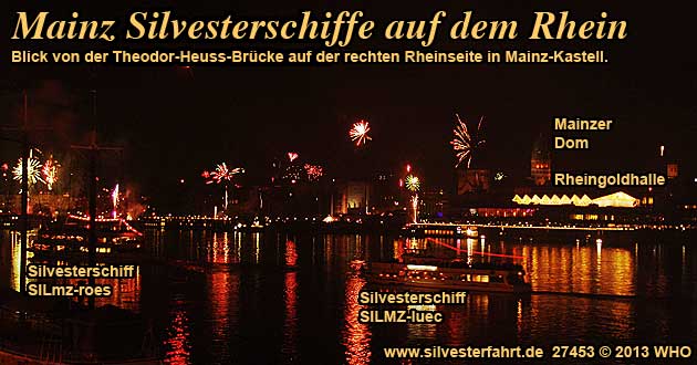 Silvesterschifffahrt bei Bingen, Rdesheim, Wiesbaden und Mainz auf dem Rhein Feuerwerk Rheinschifffahrt